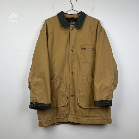 Vintage LL Bean  Tan Canvas Work Jacket with Green Collar - Picture 1 of 7